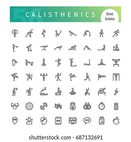 Set of 56 calisthenics line icons suitable for web, infographics and apps. Isolated on white background. Clipping paths included.