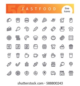 Conjunto de 56 ícones de fastfood adequados para web, infográficos e aplicativos. Isolado em fundo branco. Caminhos de recorte incluídos.