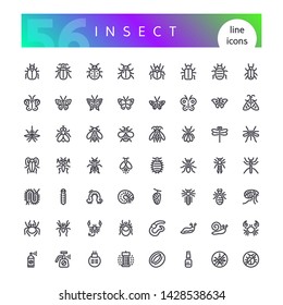 Set of 56 insects, bugs, butterflies, spiders, mites, worms and repellents line icons suitable for web, infographics and apps. Isolated on white background. 