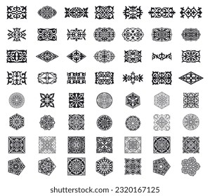 Set of 56 islamic golden ornaments on background in vector. Asian new year gold decorative traditional oriental symbols. Circular ornamental arabic symbols. Abstract Asian elements of the Kazakhs