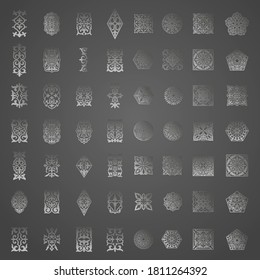 Conjunto de 56 ornamentos islámicos de plata sobre fondo negro en vector. Símbolos árabes ornamentales circulares. Resumen de elementos asiáticos del patrón nacional de los antiguos nómadas de los kazajos, tártaros.