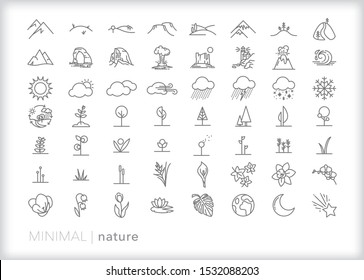 Set of 56 nature line icons of plants, trees, mountains, landscapes and weather