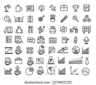 Set of 56 Office and Workplace web icons in linear style. Employee, conference, project, document, business, work, support, contact us, performance strategy, collection. Vector illustration.