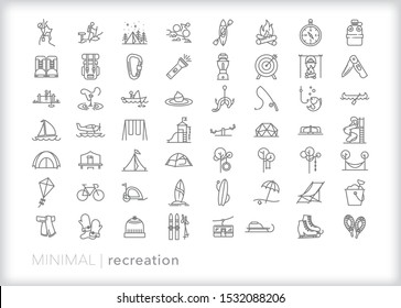 Set of 56 recreation line icons for travel, camping, hiking and fishing in the outdoors