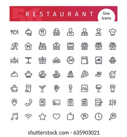 Set of 56 restaurant line icons suitable for web, infographics and apps. Isolated on white background. Clipping paths included.