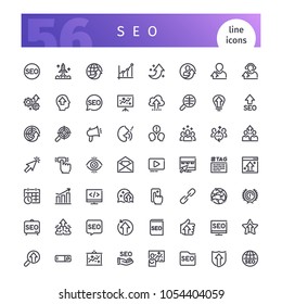 Set of 56 SEO line icons suitable for web, infographics and apps. Search engine business optimization. Isolated on white background. Clipping paths included.