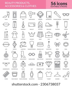 Set of 56 thin line icons related to beauty products, cosmetic, clothes, shoes, bags and accessories. Linear beauty simple symbol collection with inscriptions. Vector illustration. Editable stroke