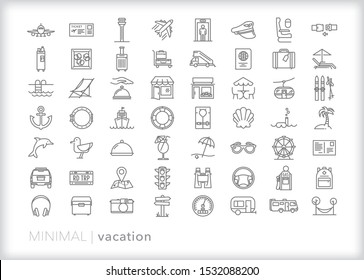 Set of 56 vacation line icons for travel, holiday, cruise or a summer getaway