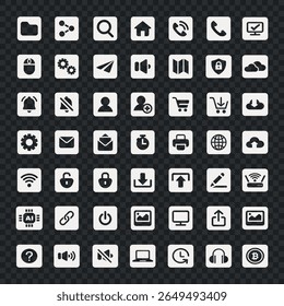 Set of 56 vector icons on a transparent background. Includes social media, settings, and technology icons. Ideal for apps, web design, and user interfaces. User interface icon vector set.