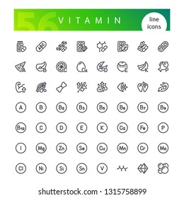 Set of 56 vitamins, minerals, amino acids and other dietary supplement line icons suitable for web, infographics and apps. Isolated on white background. Clipping paths included.