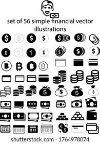 
set of 57 simple vector illustrations and icons from the world of finance.
Icons for all types of payments and transactions.
Banknotes, coins, credit cards and bundles of money and other various curr