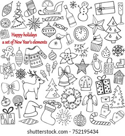 Set of 58 elements of design. The lovely hand-drawn New Year's illustrations.