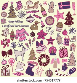 Set of 58 elements of design. The lovely hand-drawn New Year's illustrations.