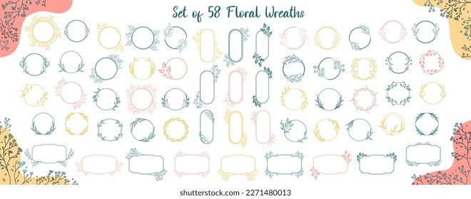 Set of 58 floral wreaths for your designs. Logo templates. Set of hand-drawn botanical wreaths. Perfect for wedding invitations and organic eco brands.