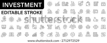 Set of 58 line icons related to investment, economy, finance, investor, risk management, manual fund and more.Editable stroke. Vector illustration
