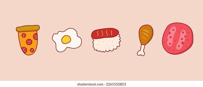 Set of 5Doodle Food, thin Doodle style, vector illustration