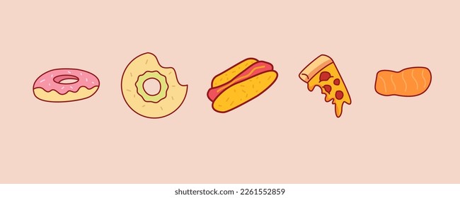 Set of 5Doodle Food, thin Doodle style, vector illustration