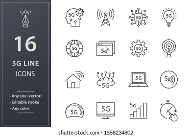 Set of 5g icons, such as hotspot, wireless, signal, wifi and more. Editable stroke.