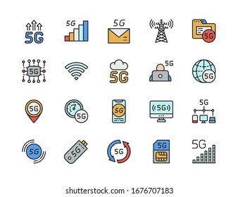 Conjunto de iconos de línea de color de Internet 5G. Señal de red, base de datos, tarjeta SIM y más