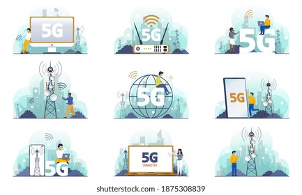 Set Of 5g Internet Concepts. Flat Cartoon Vector Illustrations.