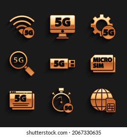 Set 5G modem, Digital speed meter, Globe Sim Card, Micro, network, Search, Setting and  icon. Vector