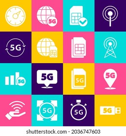 Set 5G modem, Location network, Antenna, Sim card, Globe Card, Digital speed meter and  icon. Vector