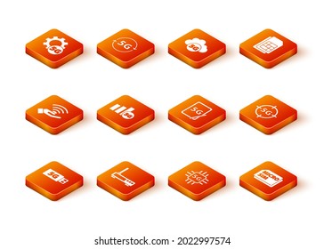 Set 5G modem, Router and wi-fi signal, network, Processor, Graphic tablet with, Micro Sim Card and  icon. Vector