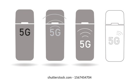 Set of 5G modems for fast mobile Internet. Icons or symbols of modems. Flat and grey signs. 5g internet symbols. Stock Vector illustration. White background. Isolated Outline modem icon. Flat style.