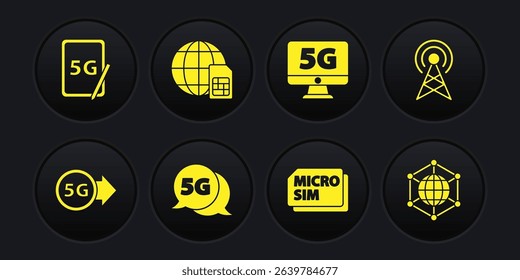 Set 5G network, Antenna, Micro Sim Card, Monitor with, Globe, Social and Graphic tablet icon. Vector