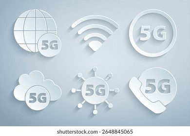 Definir rede 5G, nuvem, telefone com, Wi-Fi sem fio e ícone. Vetor