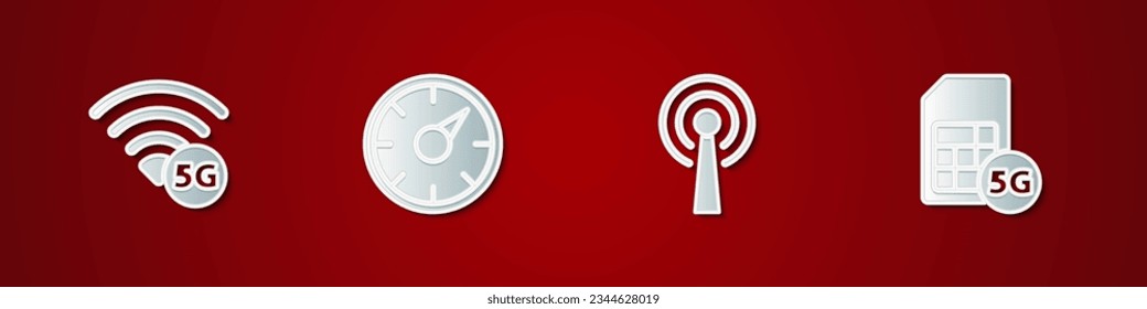 Set 5G network, Digital speed meter, Antenna and Sim Card icon. Vector