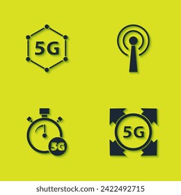 Set 5G network, , Digital speed meter and Antenna icon. Vector