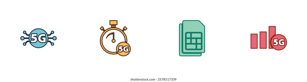Set 5G network, Digital speed meter, Sim card and  icon. Vector