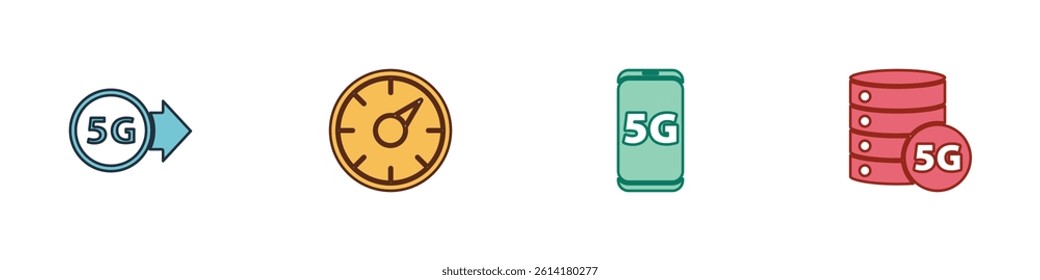Set 5G network, Digital speed meter, Mobile with and Server icon. Vector