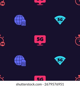 Definir rede 5G, Globe Sim Card, Localização e medidor de velocidade digital em padrão contínuo. Vetor