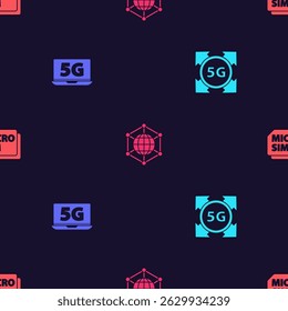 Defina a rede 5G, Laptop com, Social e Micro Sim Card em padrão contínuo. Vetor