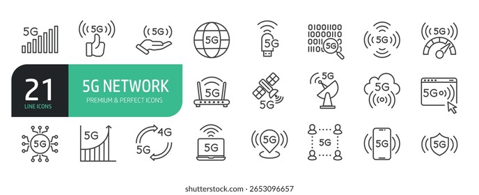 Satz von 5G-Netzwerklinien-Symbolen. Das Set enthält Symbole wie 5G-Netzwerk, Cloud Computing, Big Data, Internet und mehr