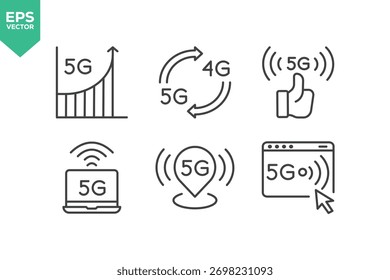 Conjunto De Iconos De Línea De Red 5G. El conjunto contiene iconos como red 5G, computación en la nube, Big Data, Internet y más ilustración de stock