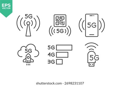 Satz von 5G-Netzwerklinien-Symbolen. Set enthält Symbole wie 5G-Netzwerk, Cloud Computing, Big Data, Internet und weitere Stockillustrationen Stockgrafik