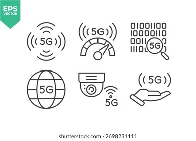 Conjunto De Iconos De Línea De Red 5G. El conjunto contiene iconos como red 5G, computación en la nube, Big Data, Internet y más ilustración de stock