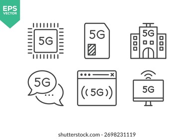 Conjunto De Ícones De Linha De Rede 5G. O conjunto contém ícones como rede 5G, computação em nuvem, Big Data, Internet e mais ilustração de stock ilustração