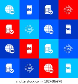 Set 5G network, Mobile with, Sim card and Processor icon. Vector.