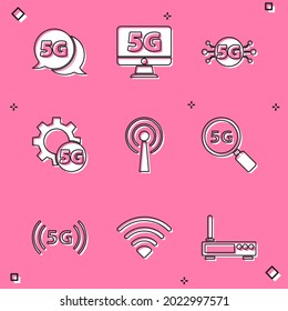 Set 5G network, Monitor with, Setting, Antenna, Search,  and Wi-Fi wireless icon. Vector