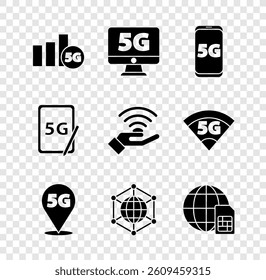 Set 5G network, Monitor with, Mobile, Location, Social, Globe Sim Card, Graphic tablet and  icon. Vector - Powered by Shutterstock - Get 15% off with code: PIKWIZARD15