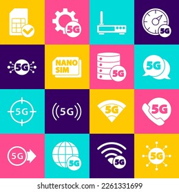Set 5G Netzwerk, Telefon mit, Router und Wi-Fi-Signal, Nano Sim Card, Karte und Server Symbol. Vektorgrafik