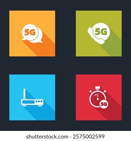 Set 5G network, Phone with, Router and wi-fi signal and Digital speed meter icon. Vector