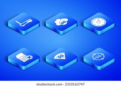 Set 5G network, Router and wi-fi signal, Sim card rejected, Cloud and Digital speed meter icon. Vector