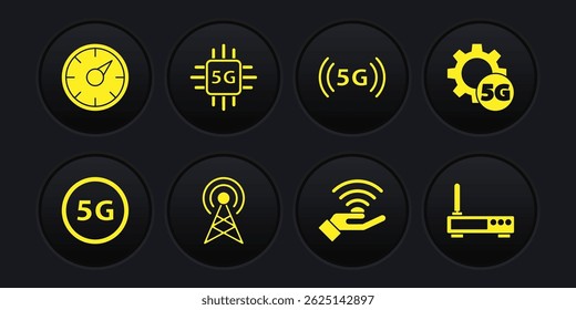 Definir rede 5G, Configuração, Antena, Processador, Roteador e sinal wi-fi e ícone do medidor de velocidade Digital. Vetor
