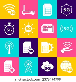 Set 5G network, Sim card, Digital speed meter,  and Micro Card icon. Vector