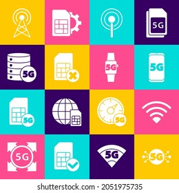 Set 5G network, Wi-Fi wireless, Mobile with, Antenna, Sim card rejected, Server,  and Smart watch icon. Vector
